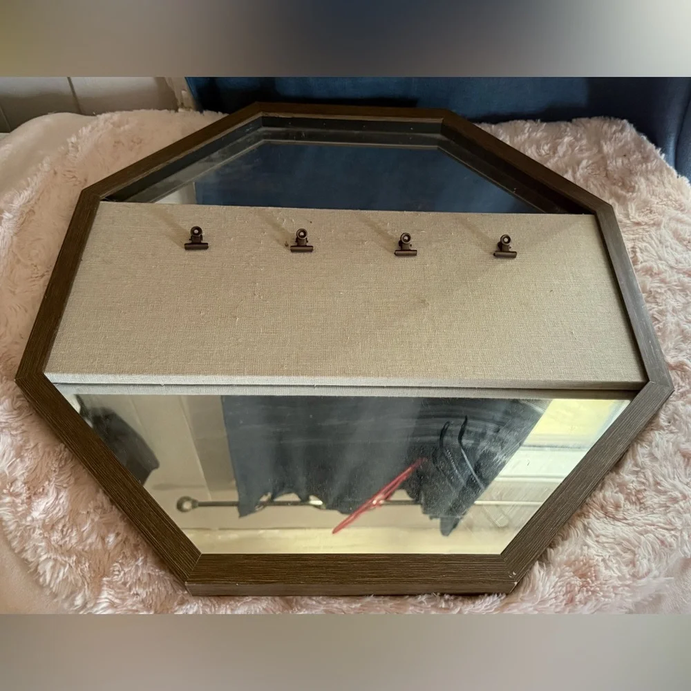 Hexagonal Wooden Mirror Frame with Hooks for Photos Decor